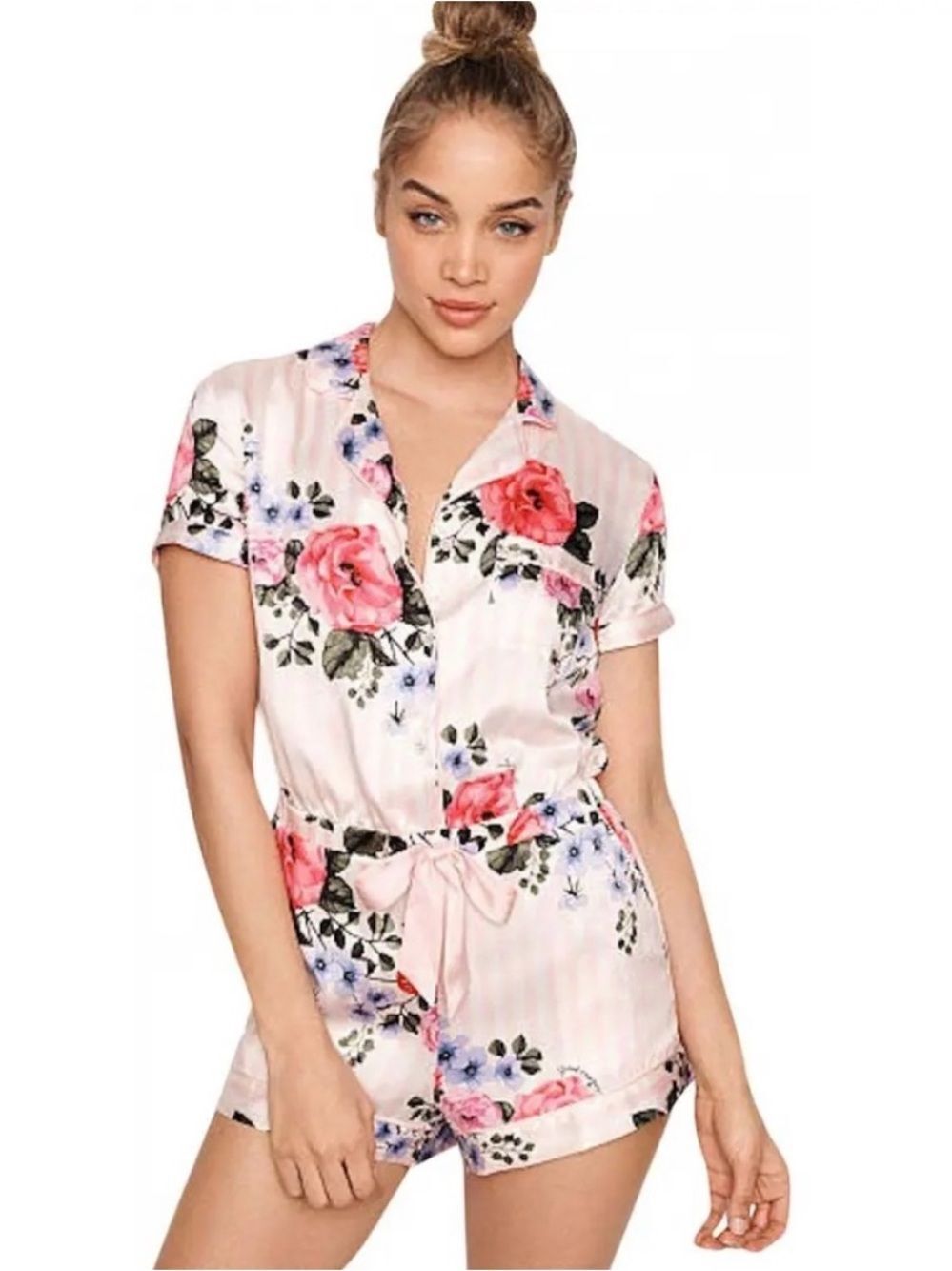 Victoria's Secret Satin Pink Floral Stripe Sleep Romper Womens Large